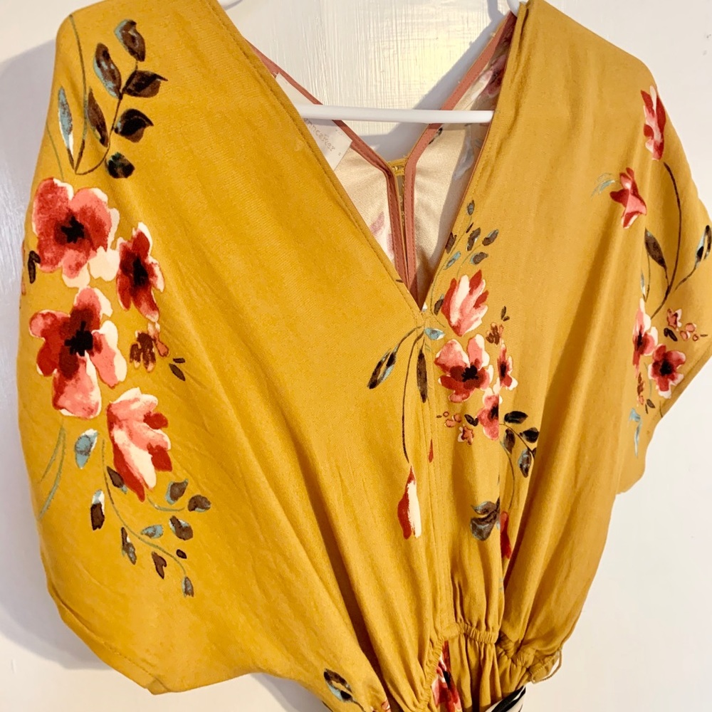 Floral jumpsuit w/accent belt mustard color